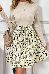 Printed Tie Waist Mock Neck Long Sleeve Dress Ivory OutfitFlow